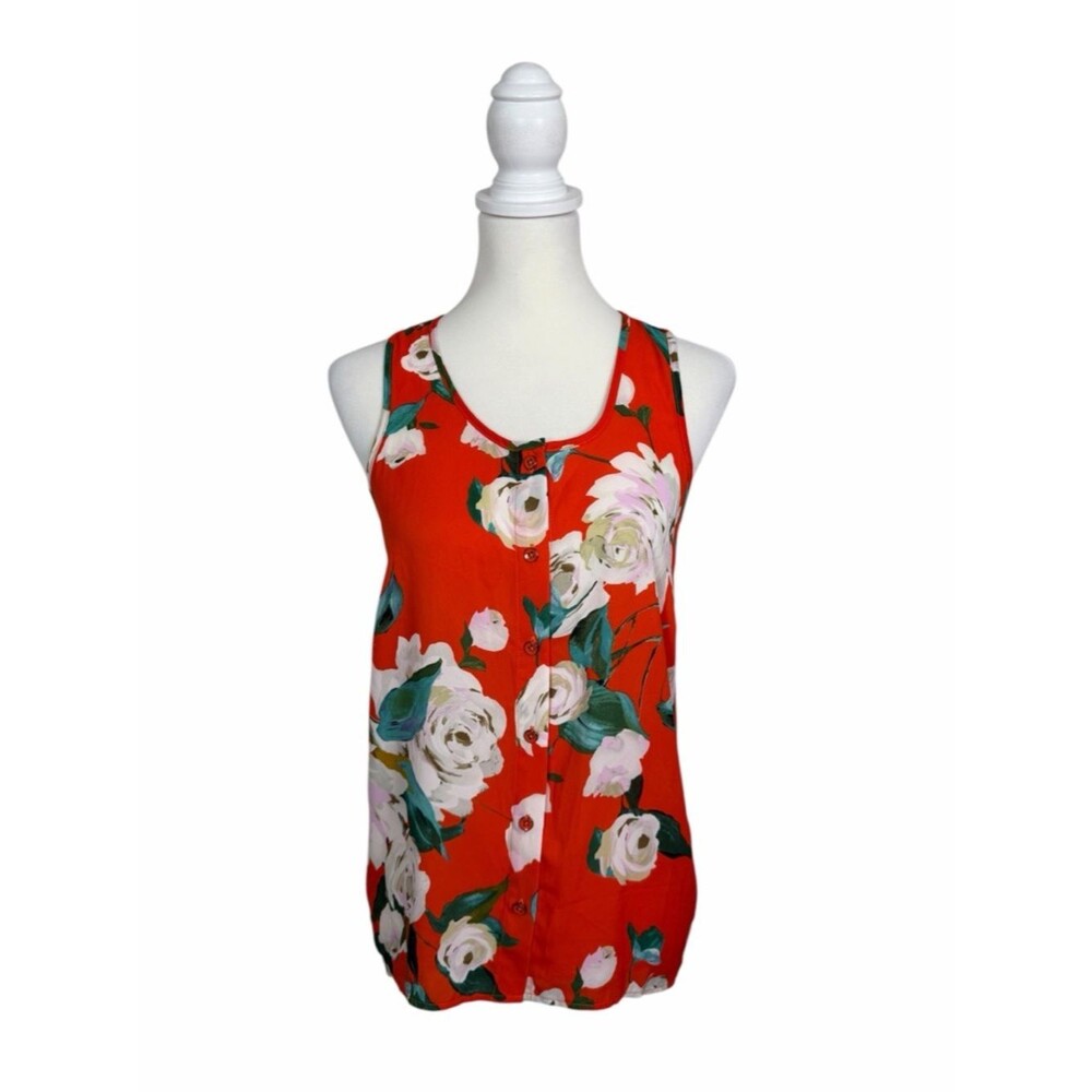 CAbi Floral Tank Blouse Small Orange Red Sleeveless Top Button Front Lightweight